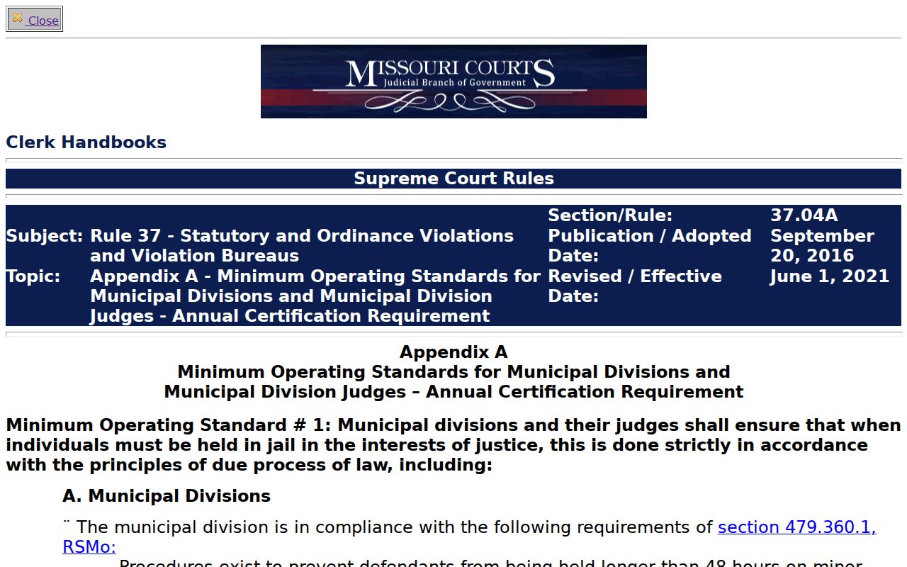 Wright County traffic court records reference to Missouri Municipal Rule 37 appendix